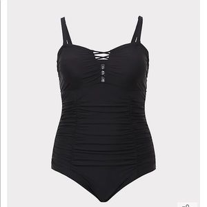 Torrid black lattice ruched wireless one-piece swimsuit